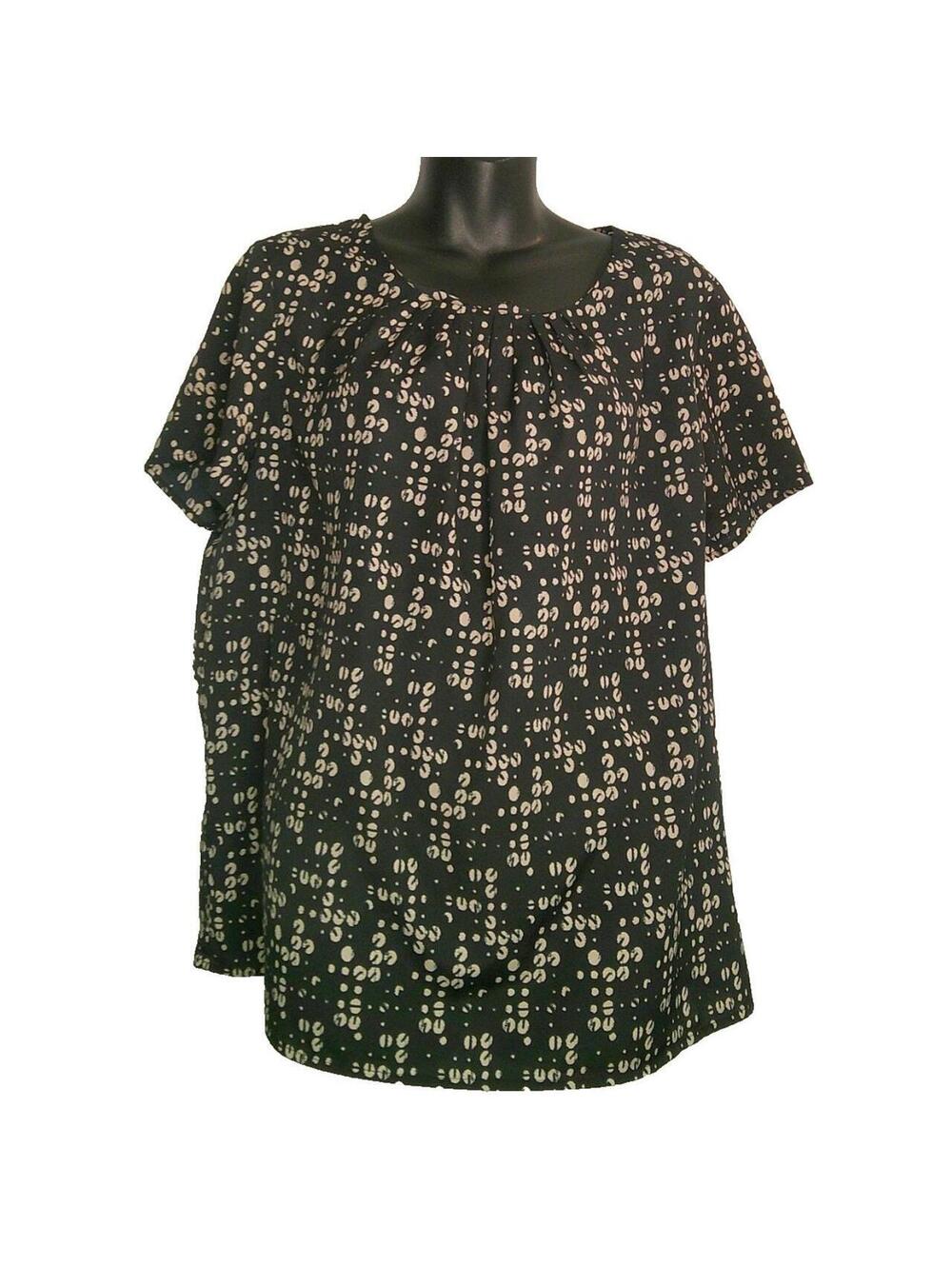 Westie Black and Beige Patterned Short Sleeve Blouse XXL